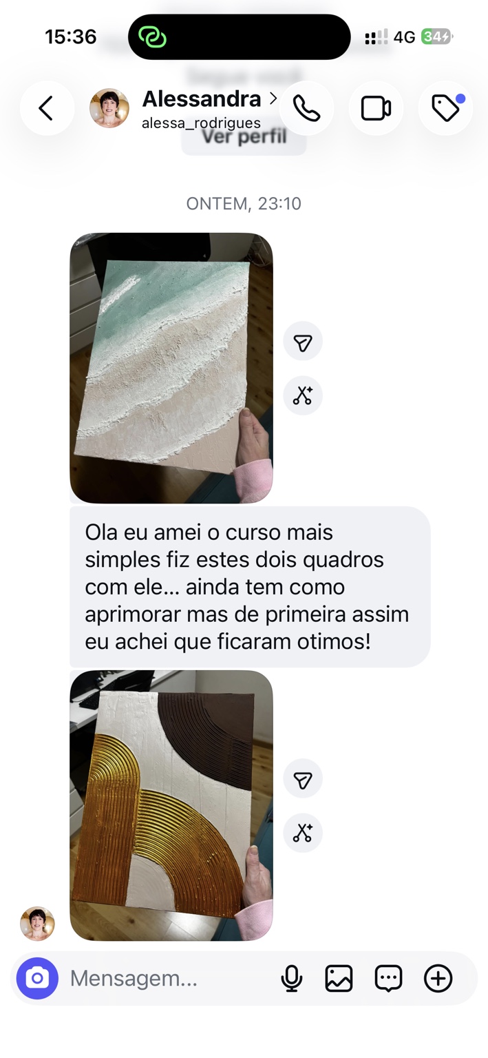 Print original de Alessandra com suas duas criações: Tela Mar e Arcos Boho. Ela conta que amou o curso e gostou dos seus primeiros resultados.